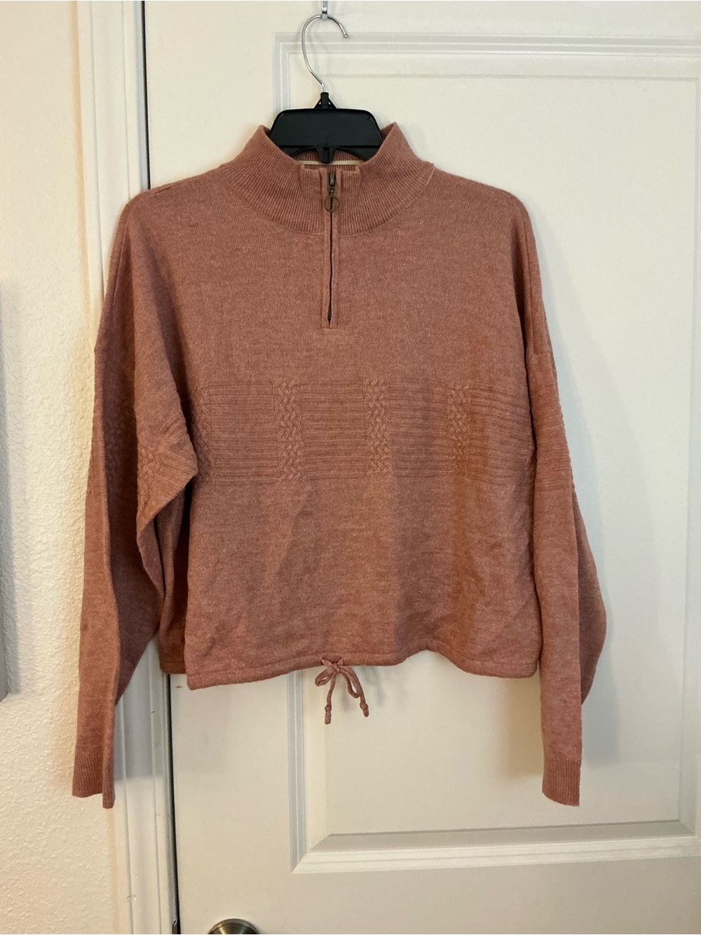 Democracy Mauve Cable Knit Quarter Zip Crop Drawstring Pullover Sweater Size M